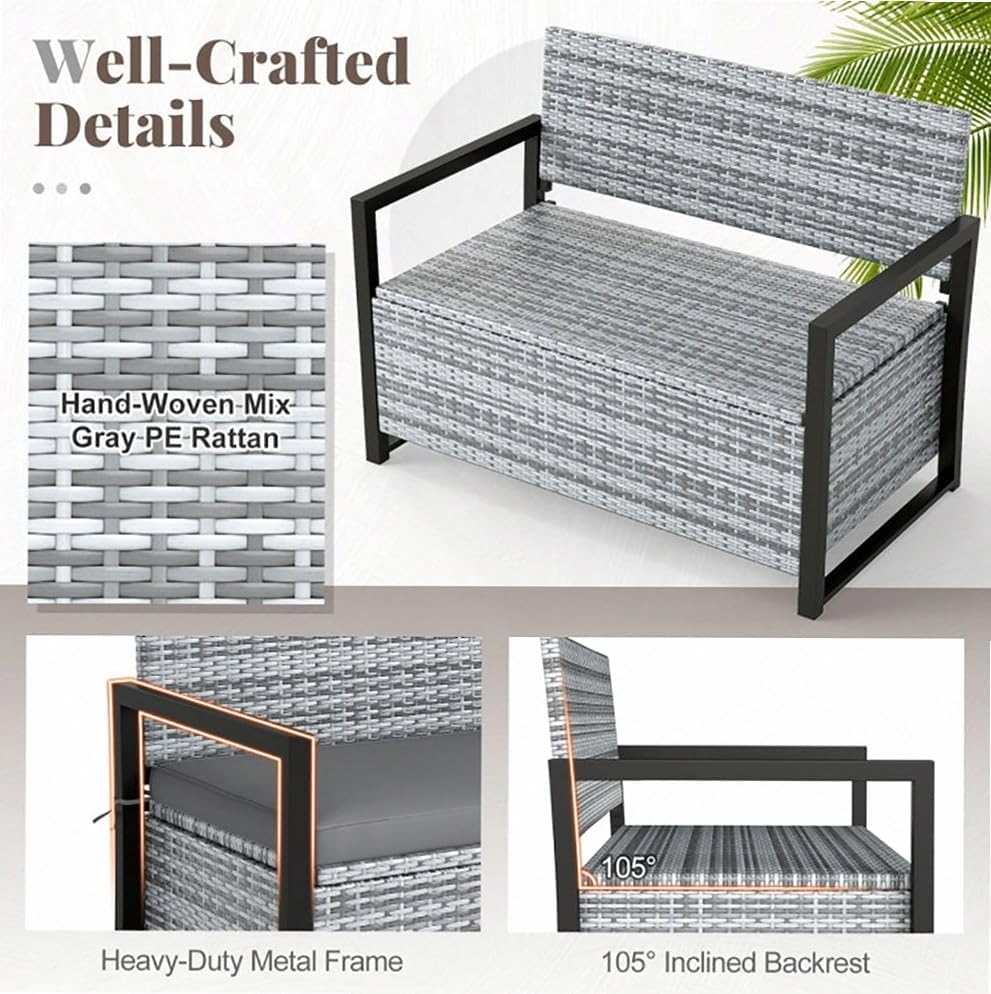 Gray Rustic PE Rattan Outdoor Storage Bench 24.5x46x33.5in, 800lb Capacity, 40 Gal Under-Seat, Weather-Resistant for Patio