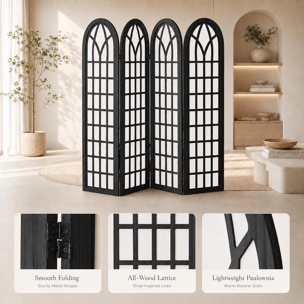4 Panel Room Divider Screen, Freestanding Shoji Style Privacy Partition with Black Wooden Frame, Decorative Folding Wall Divider for Bedroom, Office, Apartment