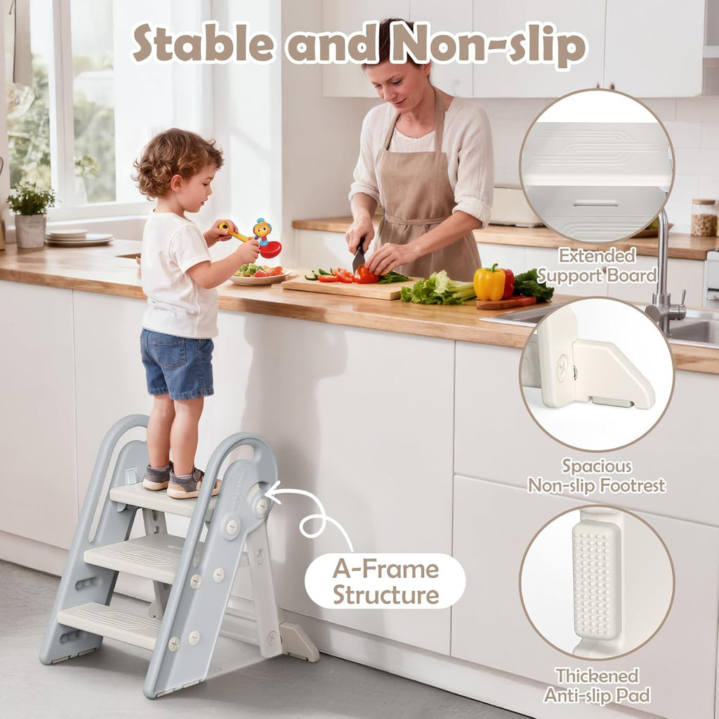 Onasti Adjustable Toddler Step Stool with Handles, Converts from 3-Step to 2-Step as Kids Grow, Non-Slip Safety Stool for Bathroom Sink, Kitchen Counter, Potty Training and Everyday Household Use-Grey