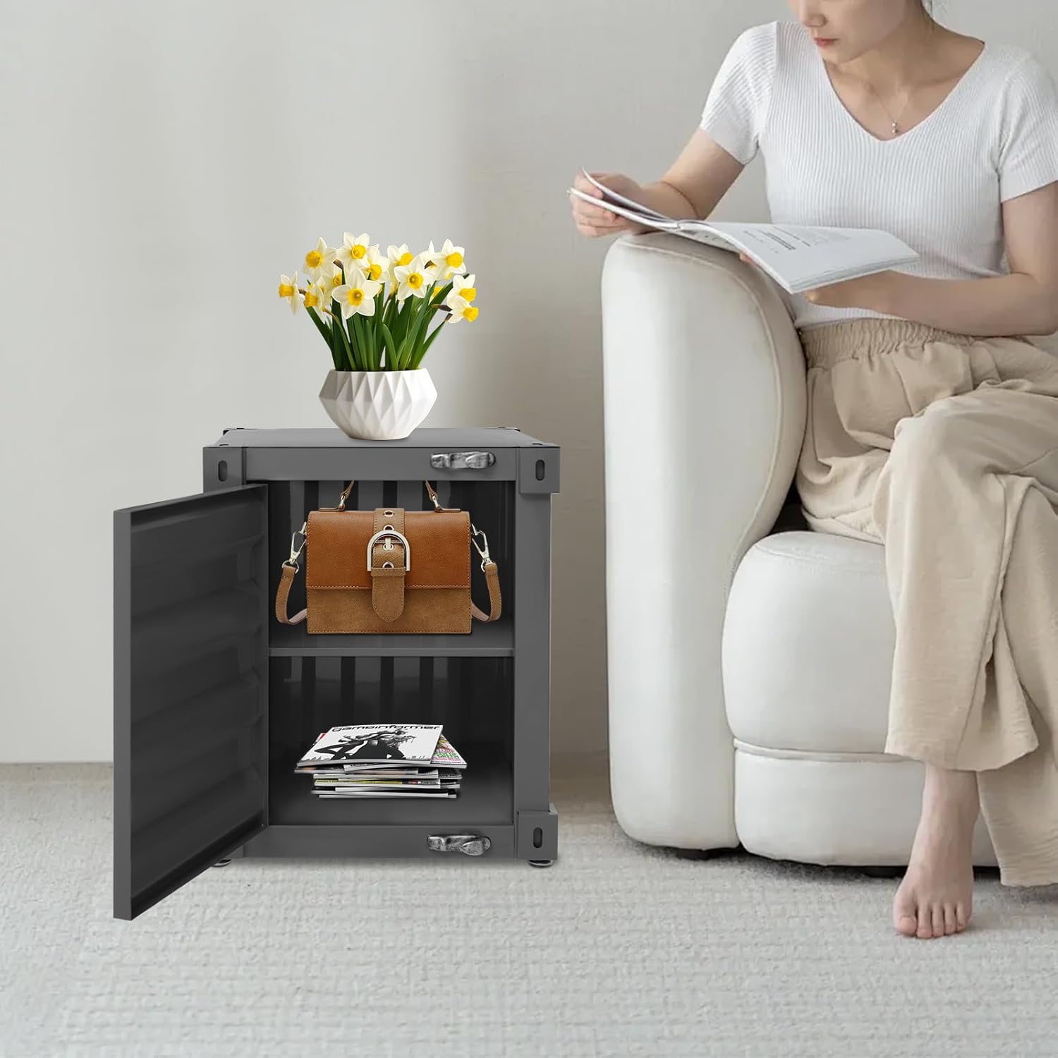 Industrial Wind Bedside Table, Metal Container Cabinet with Combination Lock, Furniture Decor Storage Iron End Table, 2 Tier Nightstand for Bedroom Living Room Garage Office (Black)