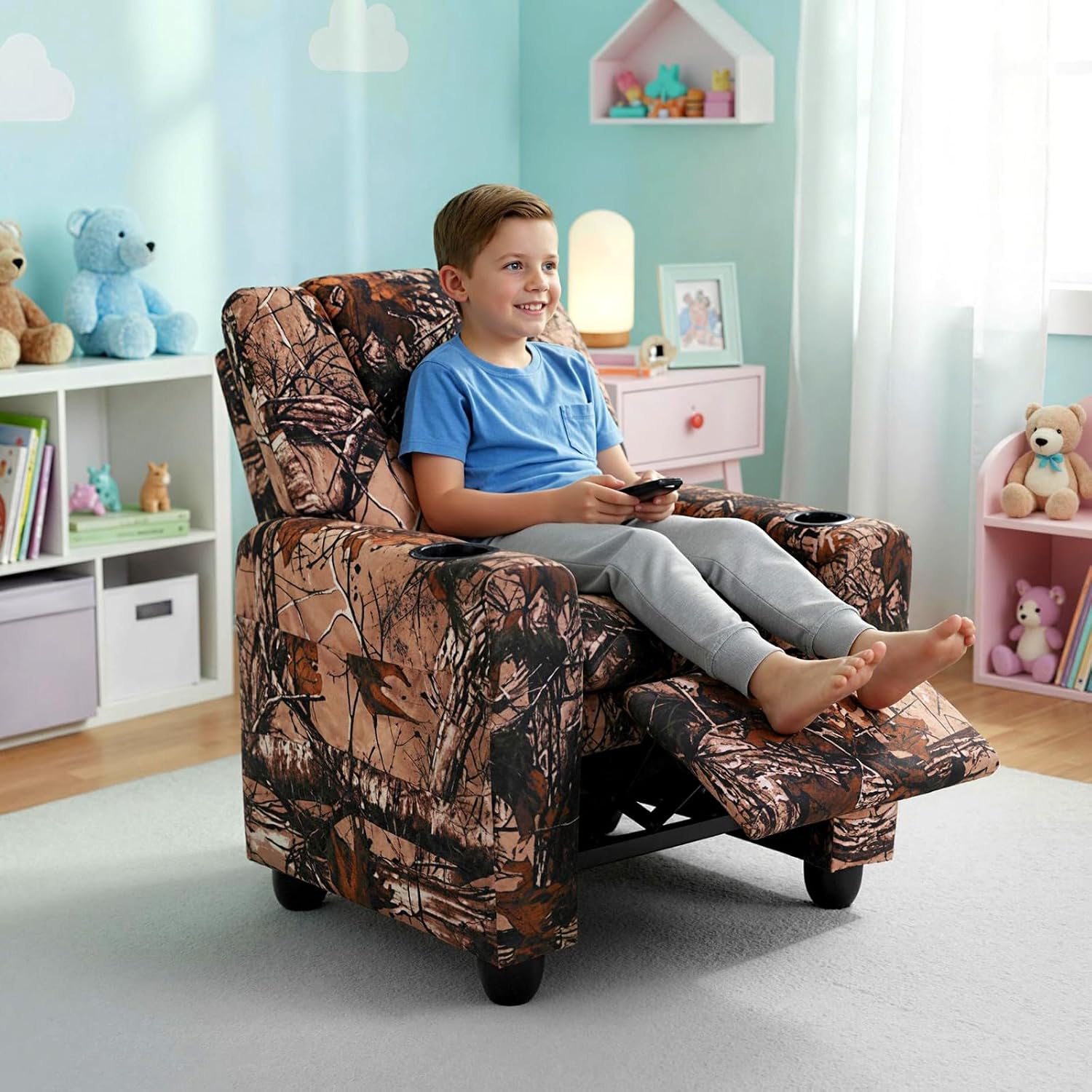 LDAILY Kids Recliner, PU Leather Kids Lounge Chair with Cup Holder, Adjustable Backrest & Footrest, Ergonomic Toddler Recliner Furniture Sofa for Children Boys Girls Age 3+, Living Room (Leaf)