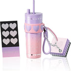 24 oz Stainless Steel Tumbler with Lid and Straw, Insulated Coffee Mug, Leak Proof, Portable Iced Travel Water Bottle, Reusable Thermal Coffee Cup Gift for Women, Purple