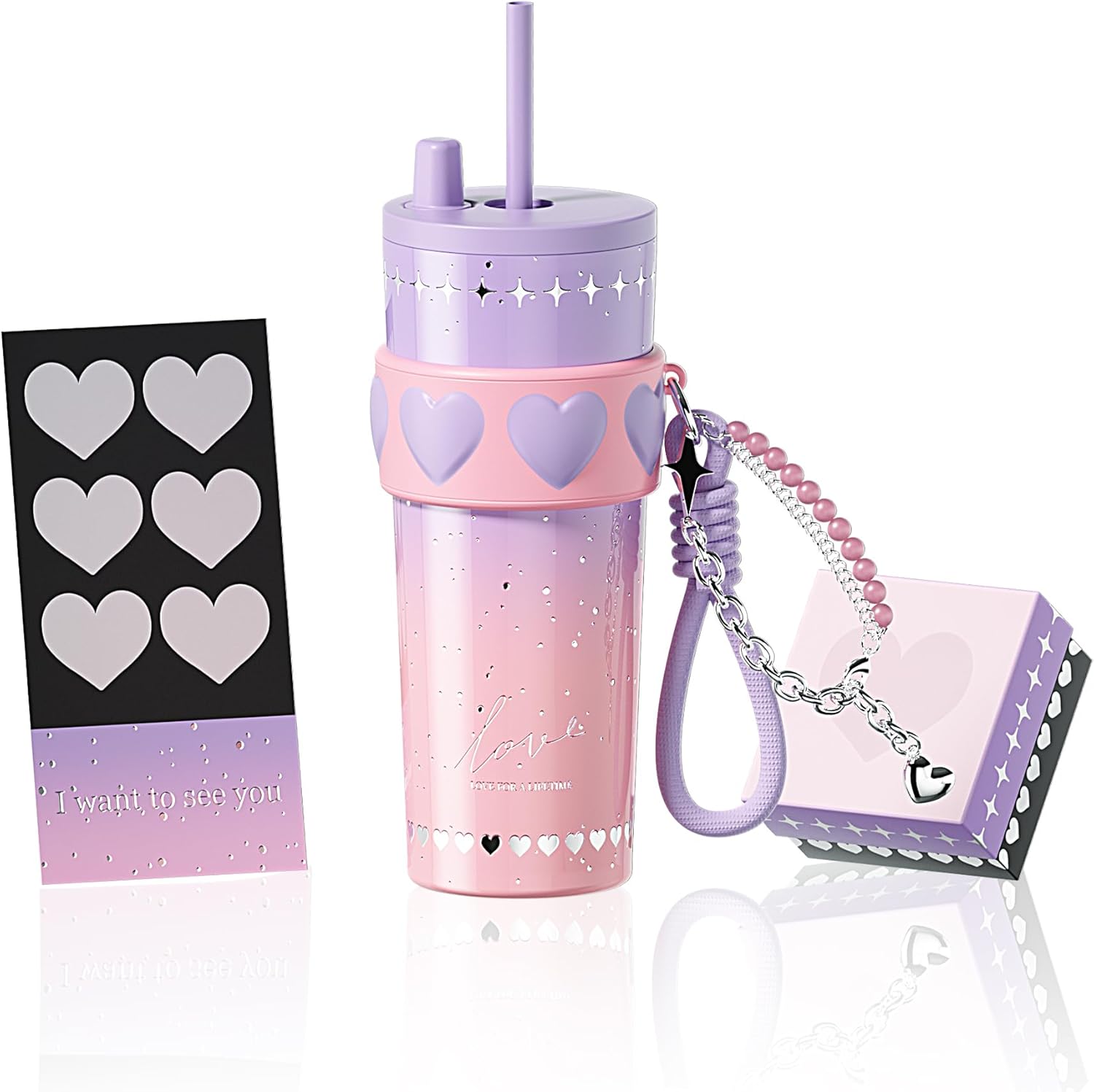 24 oz Stainless Steel Tumbler with Lid and Straw, Insulated Coffee Mug, Leak Proof, Portable Iced Travel Water Bottle, Reusable Thermal Coffee Cup Gift for Women, Purple
