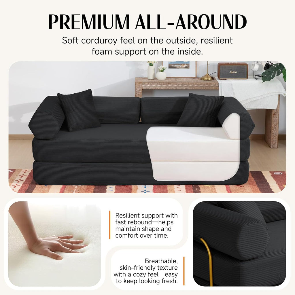 79" Corduroy Sofa Bed, Boneless Couch in a Box with 2 Pillows, High-Density Foam 4-in-1 Foldable Sleeper Futon Loveseat for Small Spaces, No Assembly, Side Pockets, Hex Arm Black