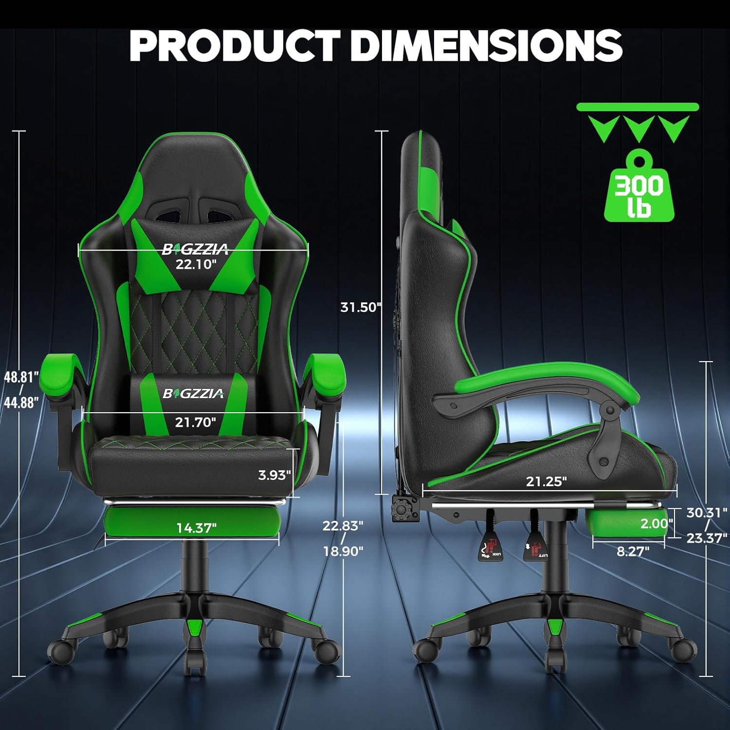 Bigzzia Gaming Chair with Footrest, Ergonomic Computer Game Chair with 20'' Wide Seat, Adjustable Lumbar Support, Headrest, 90°-135° Reclining Gaming Chairs for Adults, Black Green
