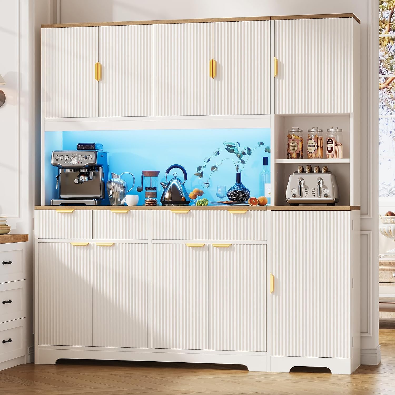 63" Kitchen Storage Cabinet with LED Light & Charging Station, Pantry Cabinet with Fluted Doors & Gold Handles, Hutch with 4 Drawers & Adjustable Shelves, Coffee Bar Cabinet for Dining Room, White