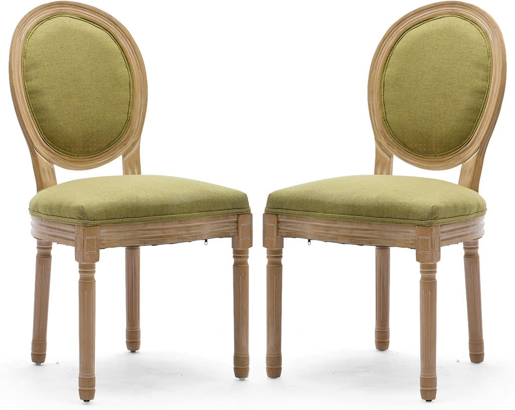 Linen Upholstered Dining Chairs Set of 2 French Country Oval Fabric Back Kitchen Side Chair with Wood Legs for Dining Room, Kitchen, Restaurant(Olive Green-Fabric)