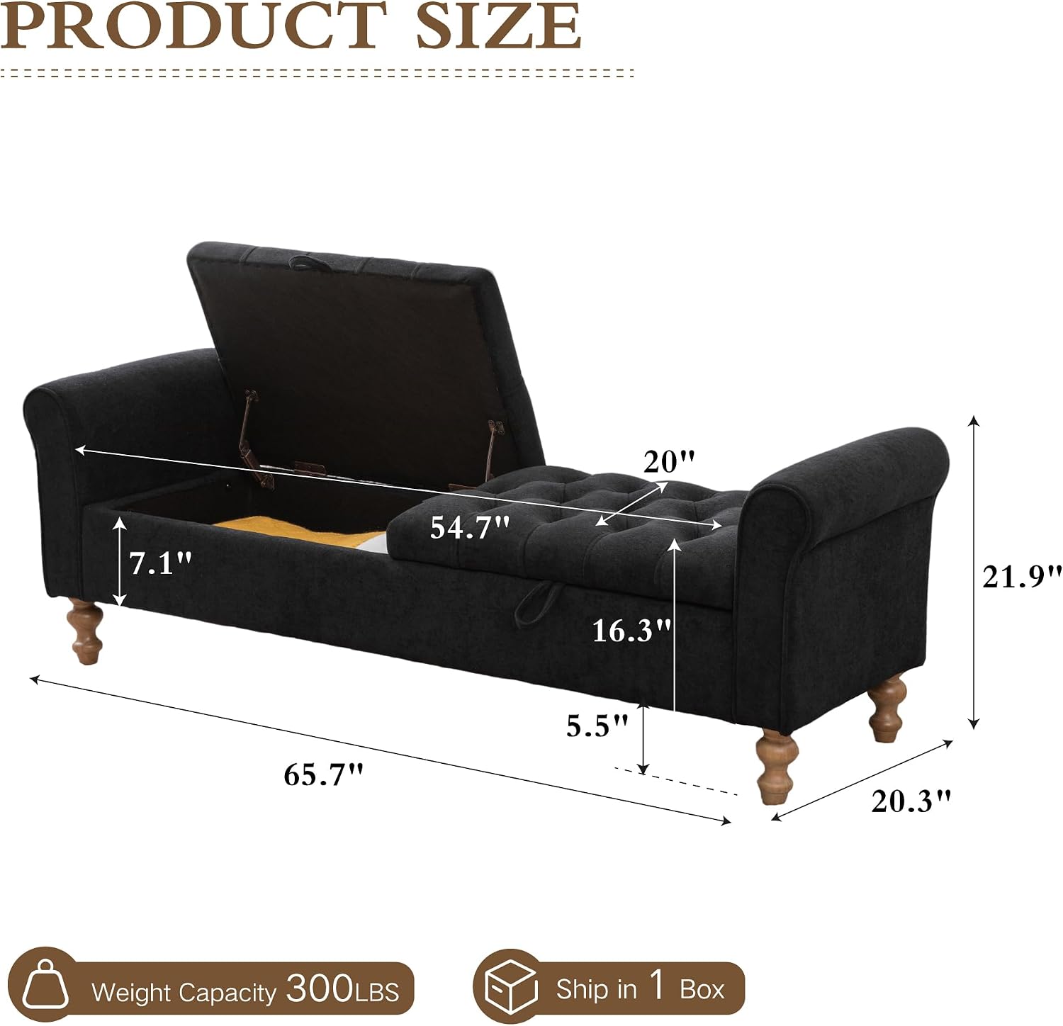 Chifee & Vingol 65" Storage Ottoman Bench Upholstered End of Bed Bench Modern Entryway Benches Double Openings Window Benches for Bedroom Living Room Entryway,Black