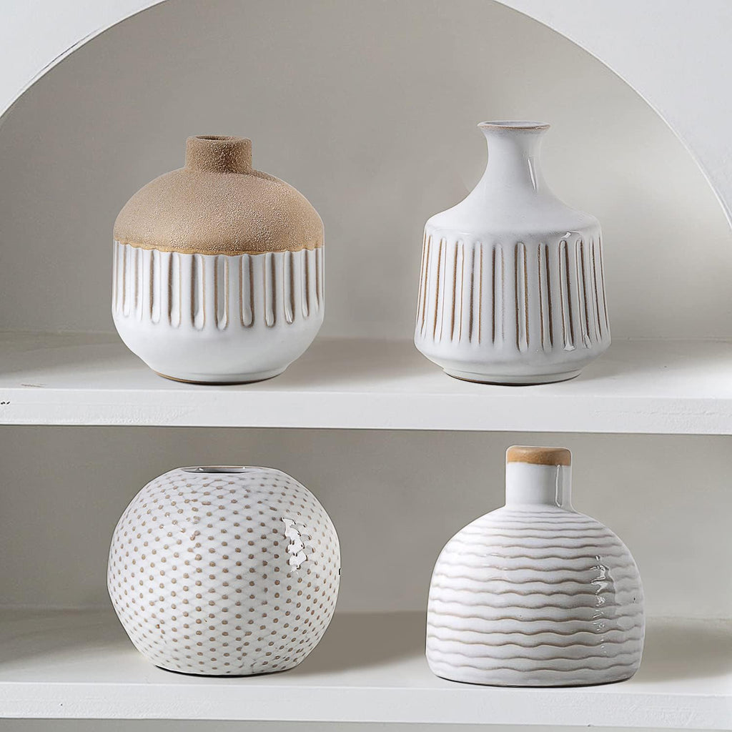 Boho Minimalist Small Ceramic Vase Set of 4 for Bedroom Living Room Office Fireplace Centerpiece Antique White Vintage Farmhouse Rustic Retro Flower Vases Home Decor Gift for Fake Plants