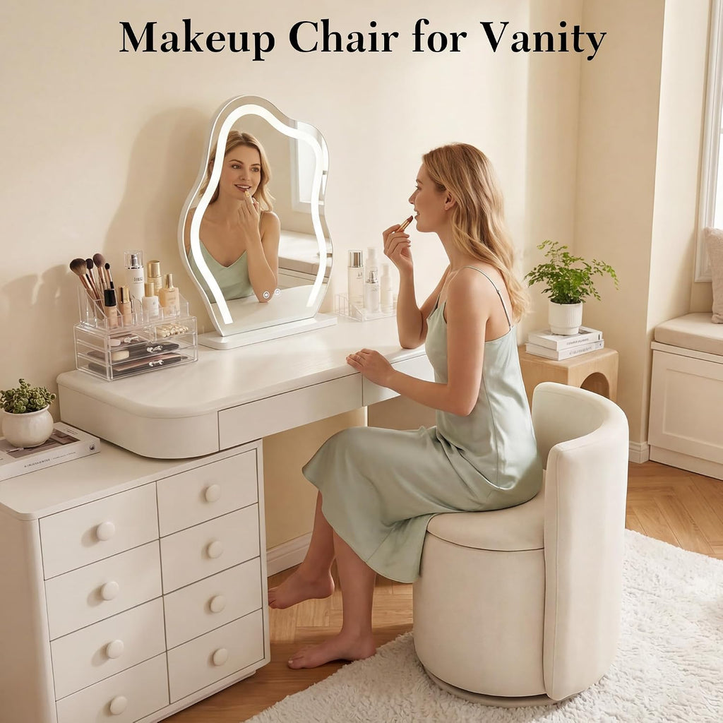 FOXHUNTER Vanity Stool with Storage Vanity Chair with Back, 360°Swivel Accent Chair Upholstered Vanity Chairs for Living Room, Makeup Room,Bedroom,Office(Beige)