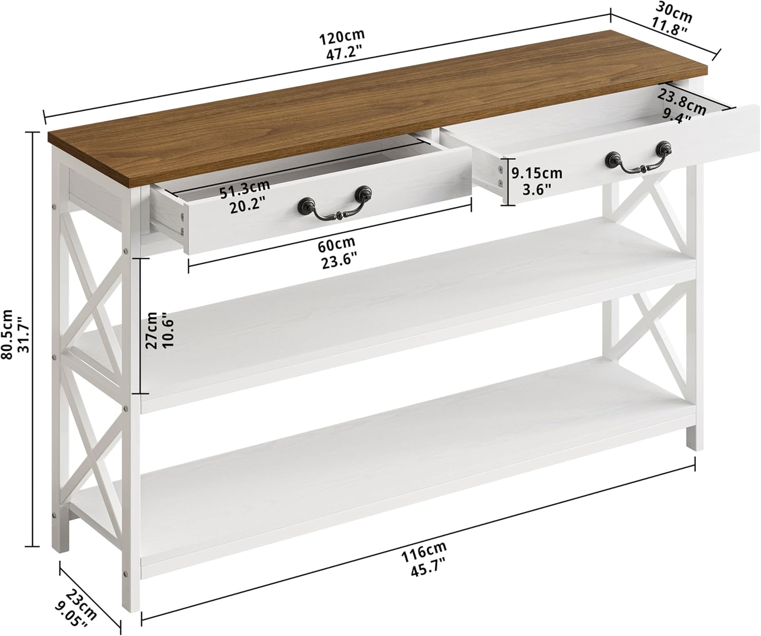 IRONCK 47.2" Farmhouse Console Table, Sofa Table with Drawer, Narrow Long Entry Table with 2 Shelf for Entryway, Living Room, Hallway, White/Walnut
