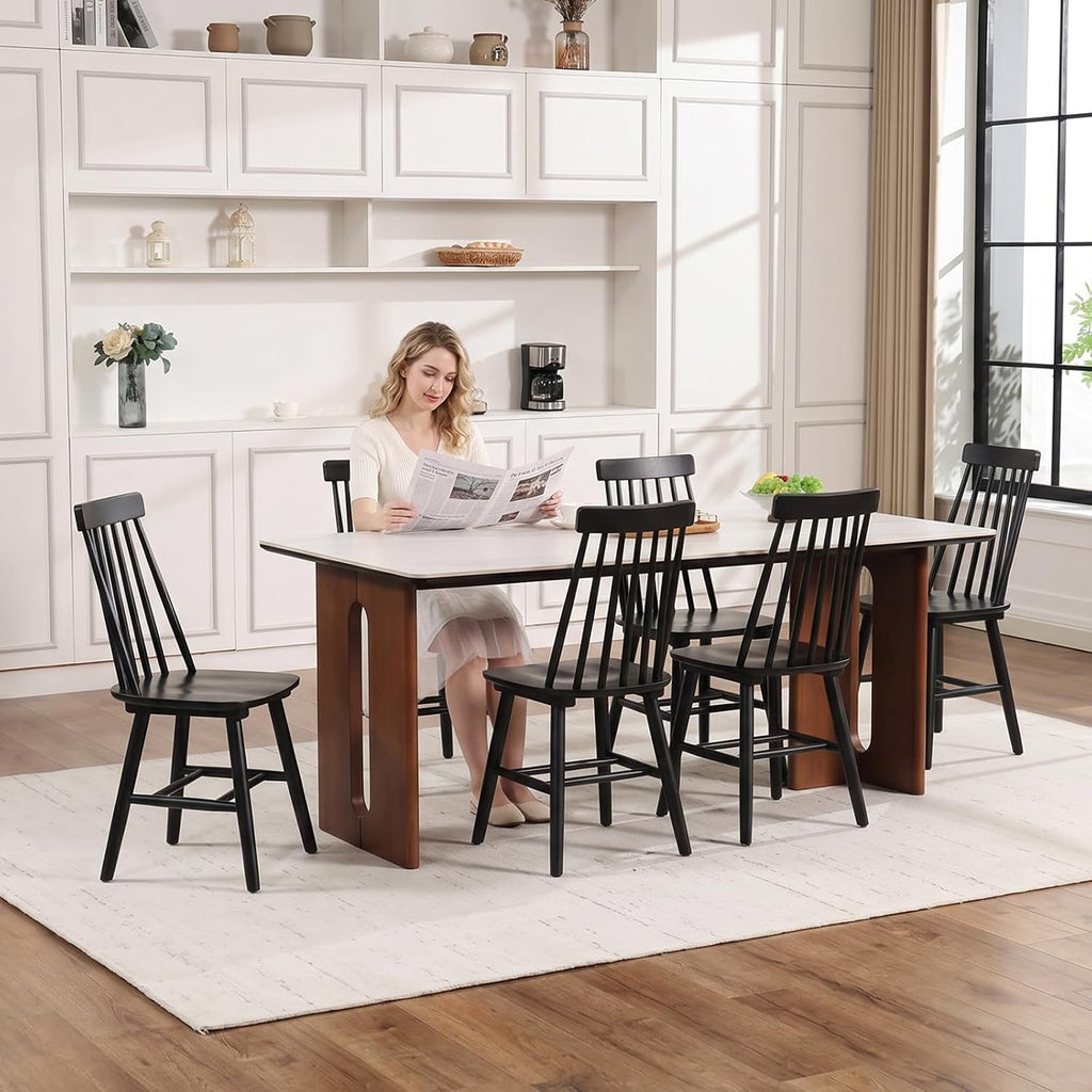 Black Dining Chairs Set of 6, 100% Solid Wood Farmhouse Kitchen Chairs, Armless Cottage Dinner Chair with Spindle Back, Windsor Dining Room Chairs for Kitchen (2 Boxes)