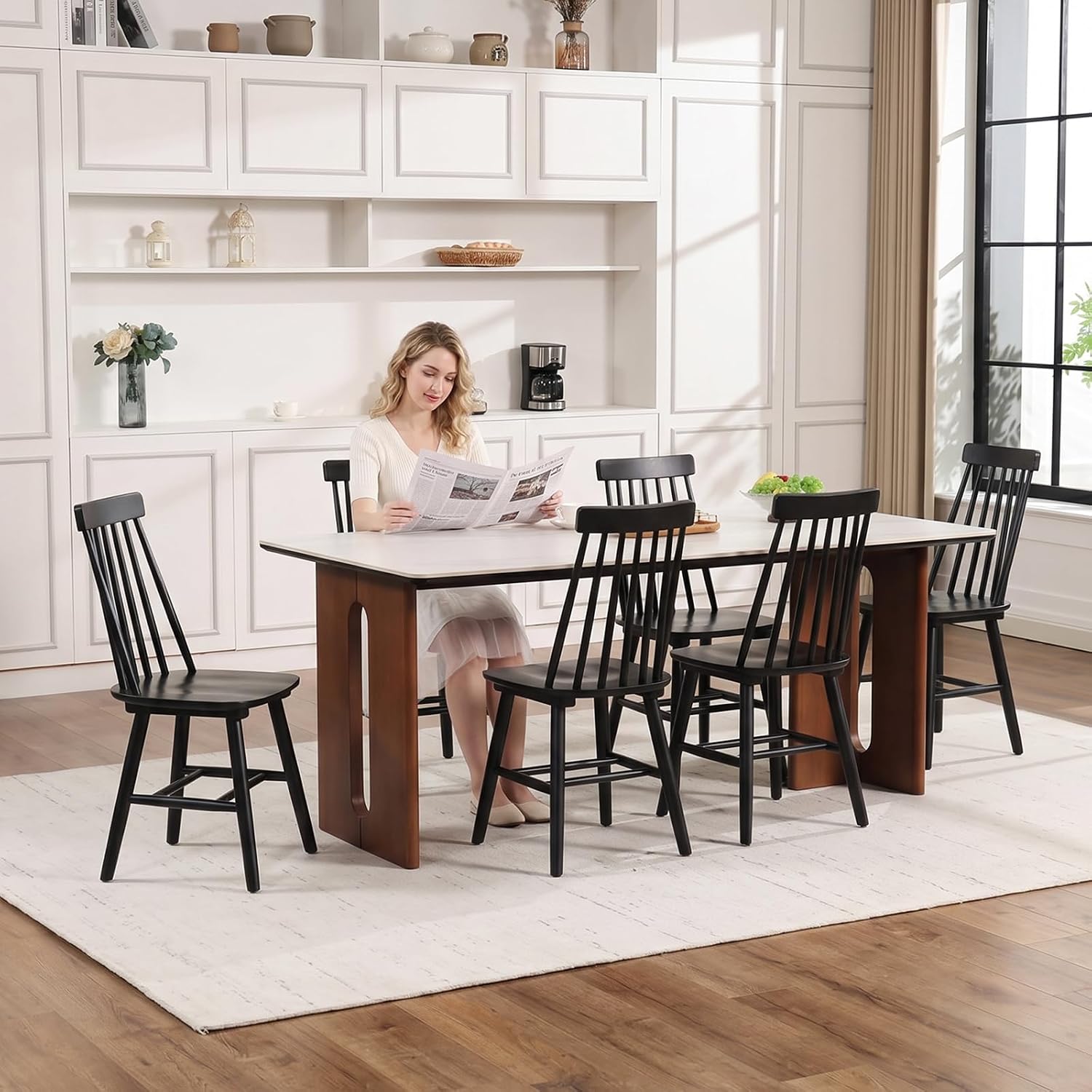 Black Dining Chairs Set of 6, 100% Solid Wood Farmhouse Kitchen Chairs, Armless Cottage Dinner Chair with Spindle Back, Windsor Dining Room Chairs for Kitchen (2 Boxes)