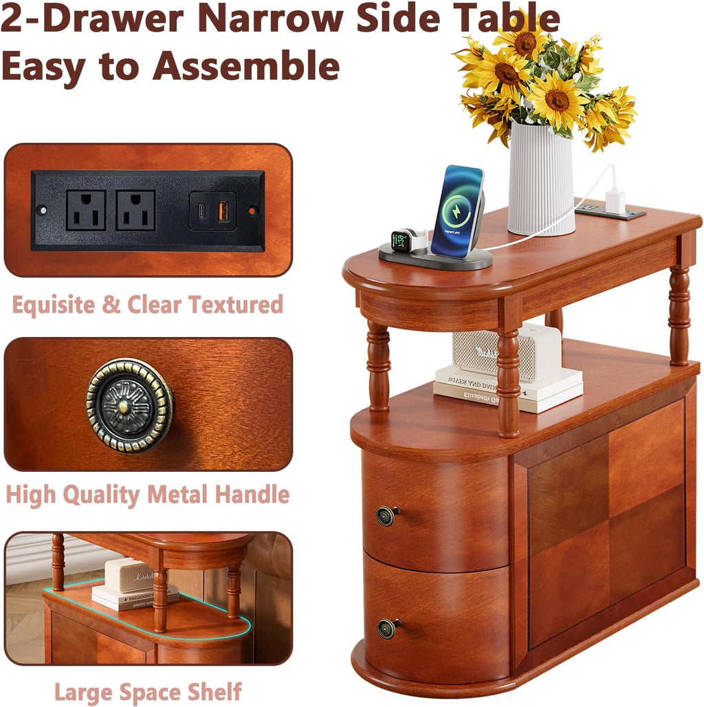 ROOMTEC Solid Wood End Table with Charging Station,Narrow Side Table with 2 Drawers and Shelf, Slim Chair Side Table,Narrow Sofa Side Table for Living Room Bedroom