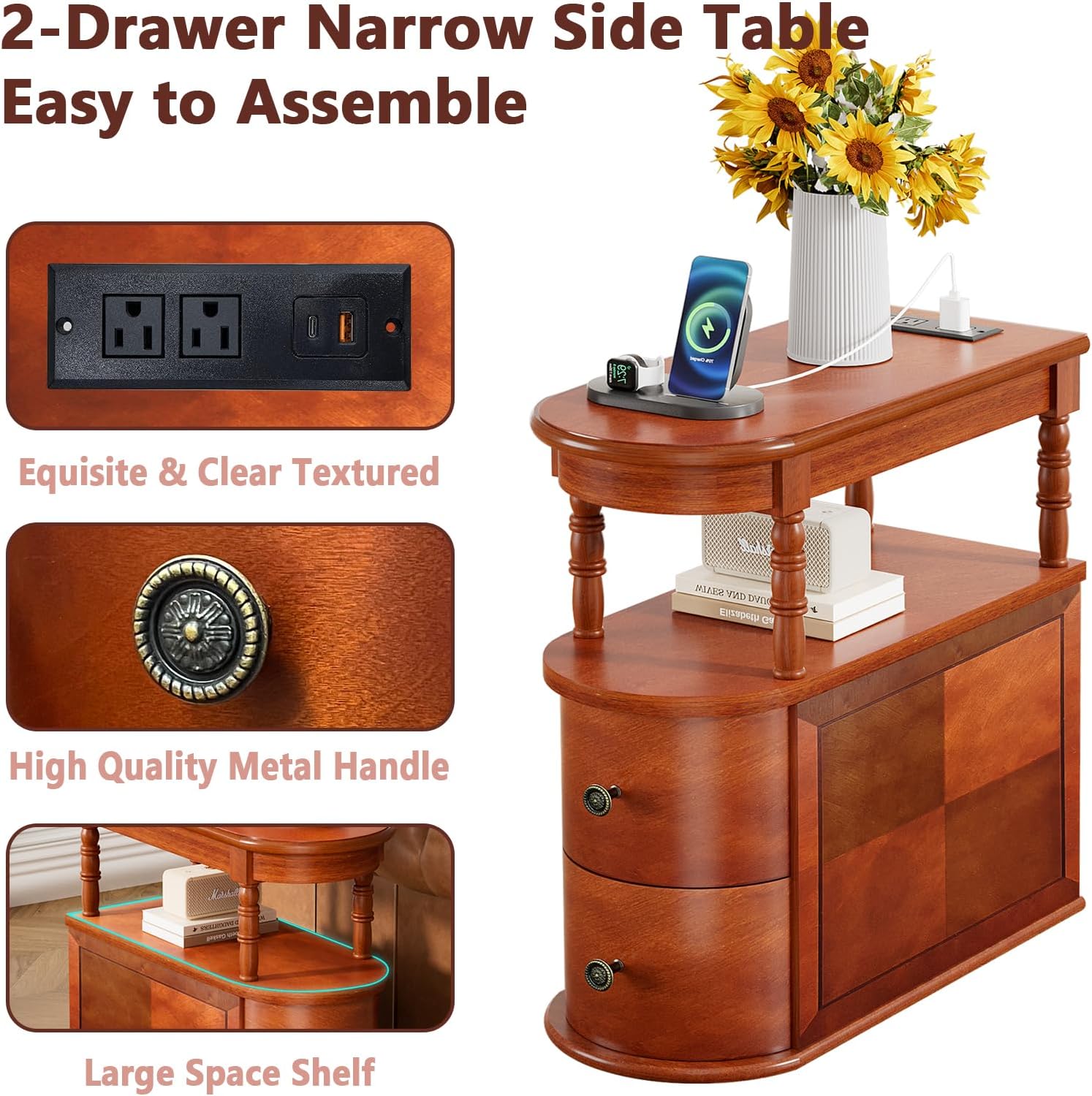 ROOMTEC Solid Wood End Table with Charging Station,Narrow Side Table with 2 Drawers and Shelf, Slim Chair Side Table,Narrow Sofa Side Table for Living Room Bedroom