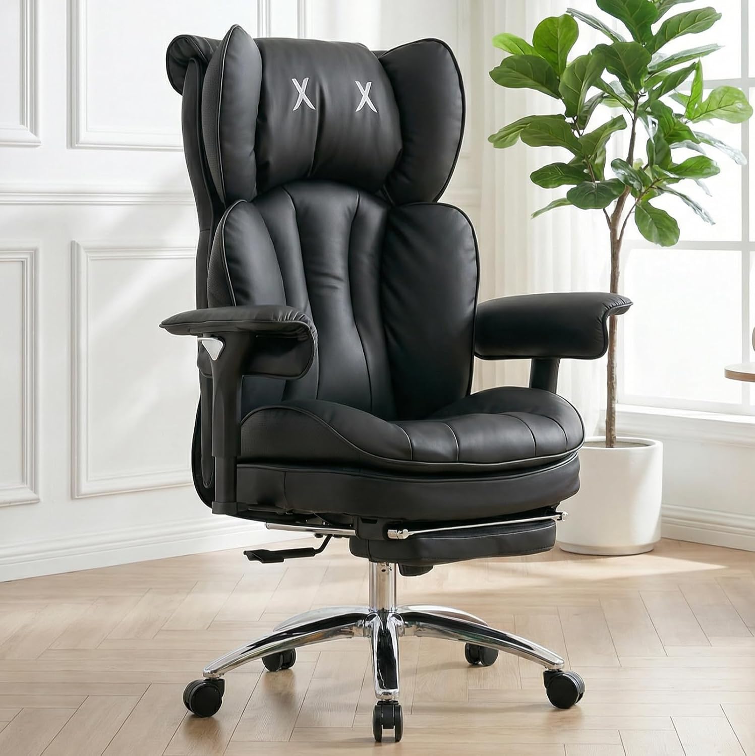 Big and Tall Office Chair, 400lbs Heavy Duty Wide Seat Executive Chair with Footrest, High Back Leather Computer Desk Chair for Home Office (Black)