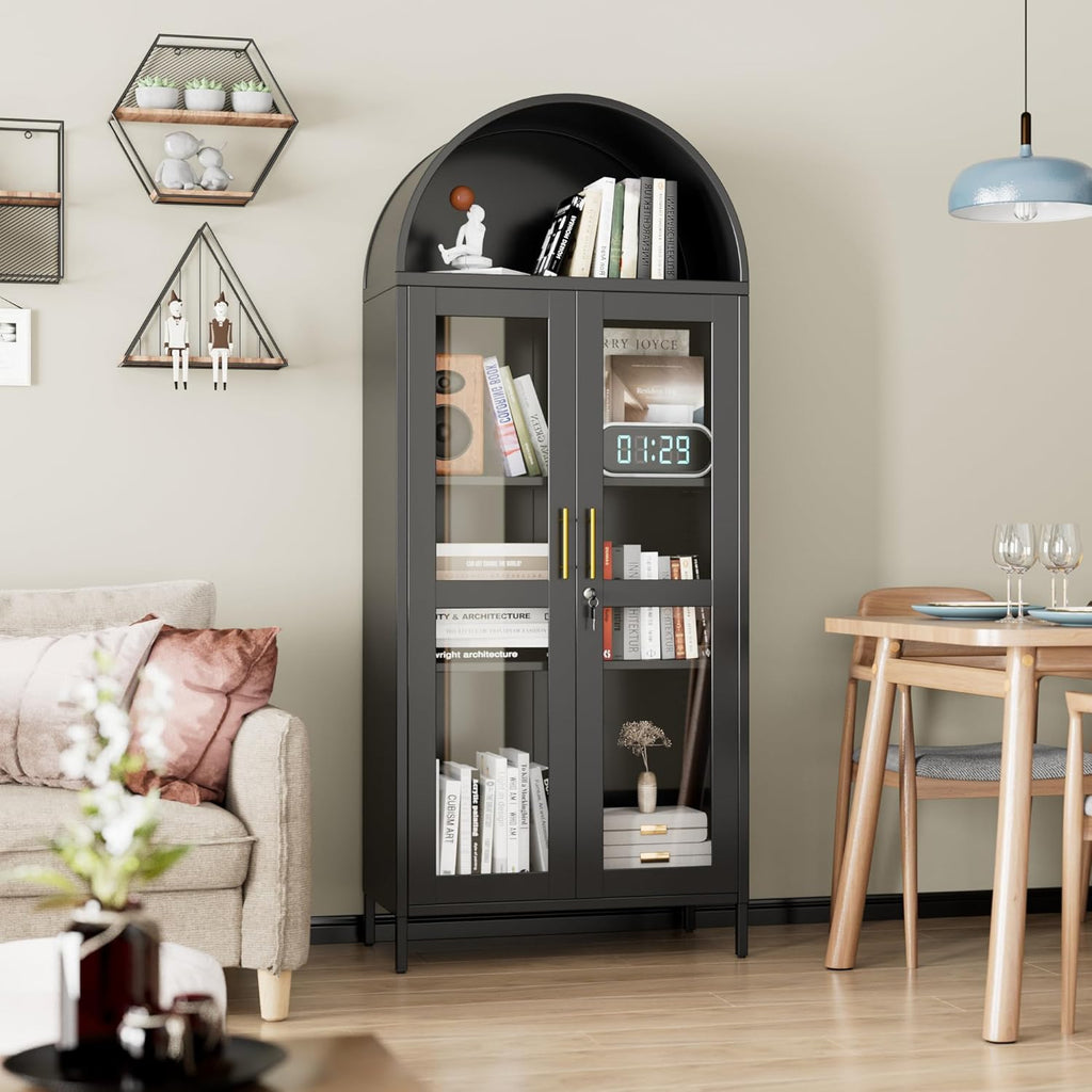 72.8" Tall Display Cabinet with Glass Doors, Metal Arched Cabinet with 2 Adjustable Shelves & Lock, Freestanding Curio Storage Cabinet for Home, Assembly Required, Black
