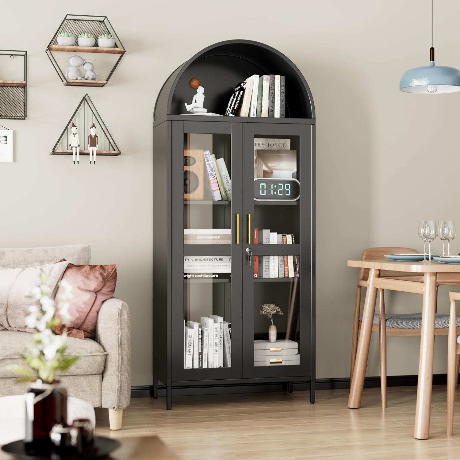 72.8" Tall Display Cabinet with Glass Doors, Metal Arched Cabinet with 2 Adjustable Shelves & Lock, Freestanding Curio Storage Cabinet for Home, Assembly Required, Black