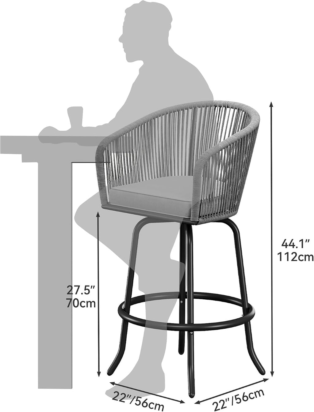 YITAHOME 27" Bar Stools Set of 6 with Arms & Cushions, 360° Swivel Outdoor Bar Stools, All Weather Counter Height Bar Stools Set of 6 with Curved Back for Backyard, Kitchen Island, Dining Room, Gray