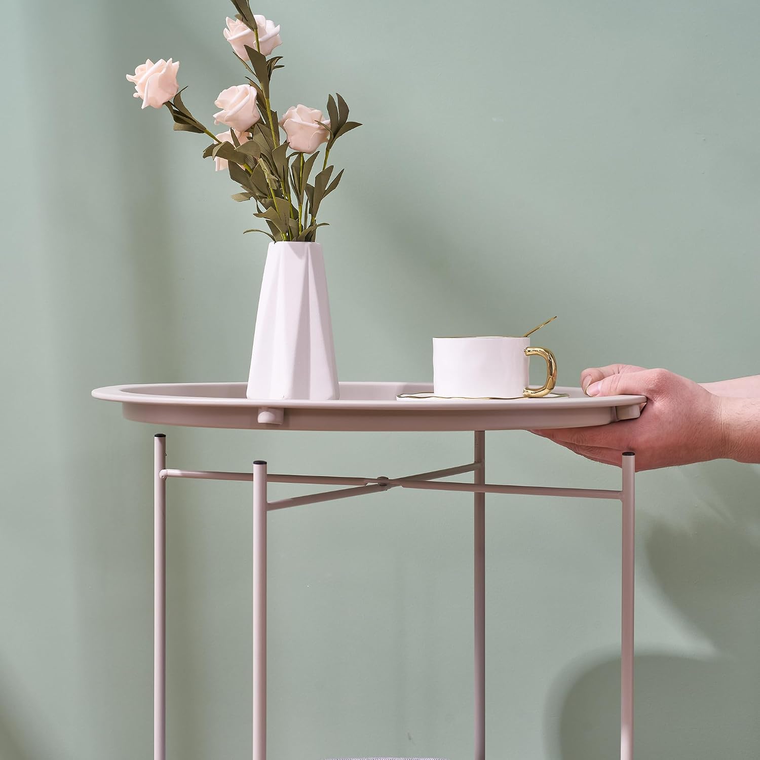 VECELO Round Side/End Table with Fabric Storage Basket，Metal Anti-Rust and Waterproof Small Bedside Nightstand with Removable Tray Top for Living Room，Balcony & Laundry，Grey /1pcs with Basket