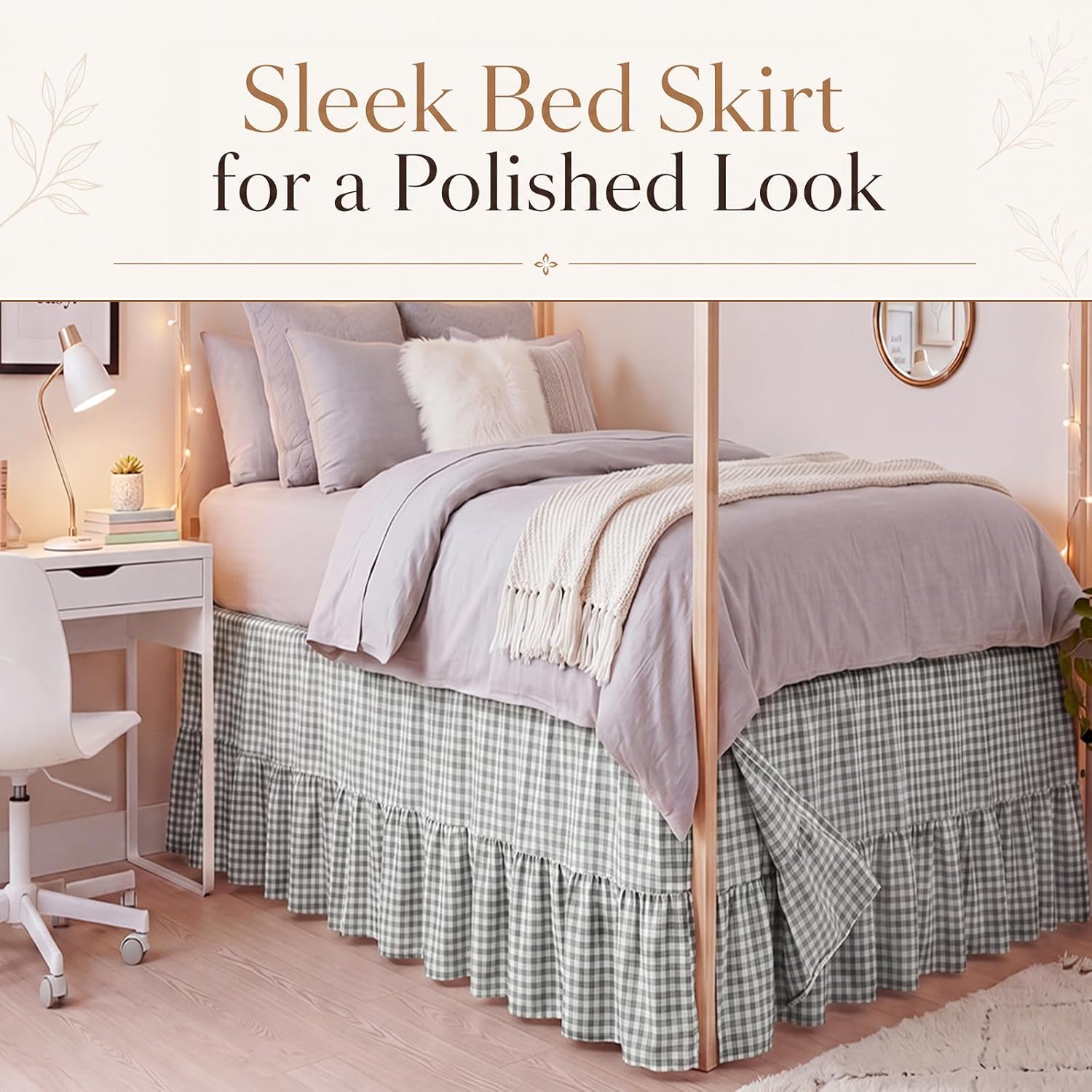 Tudomro Green Dorm Bed Skirt Twin XL 32 Inch Drop, Gingham Check with Ruffled Hem, Split Corners Microfiber Bed Skirts Soft Fabric Bedskirt for Dorm Bedrooms Easy to Install Clean