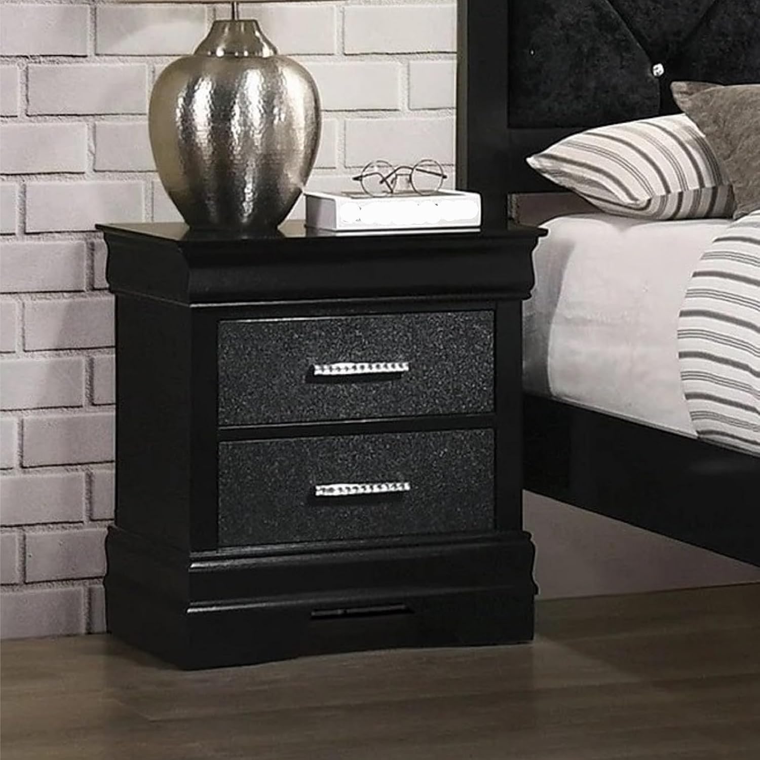 Modern Style Two Drawers Nightstand Black Finish Solid Wood Crystal-Like Button Tufted,for Small Spaces