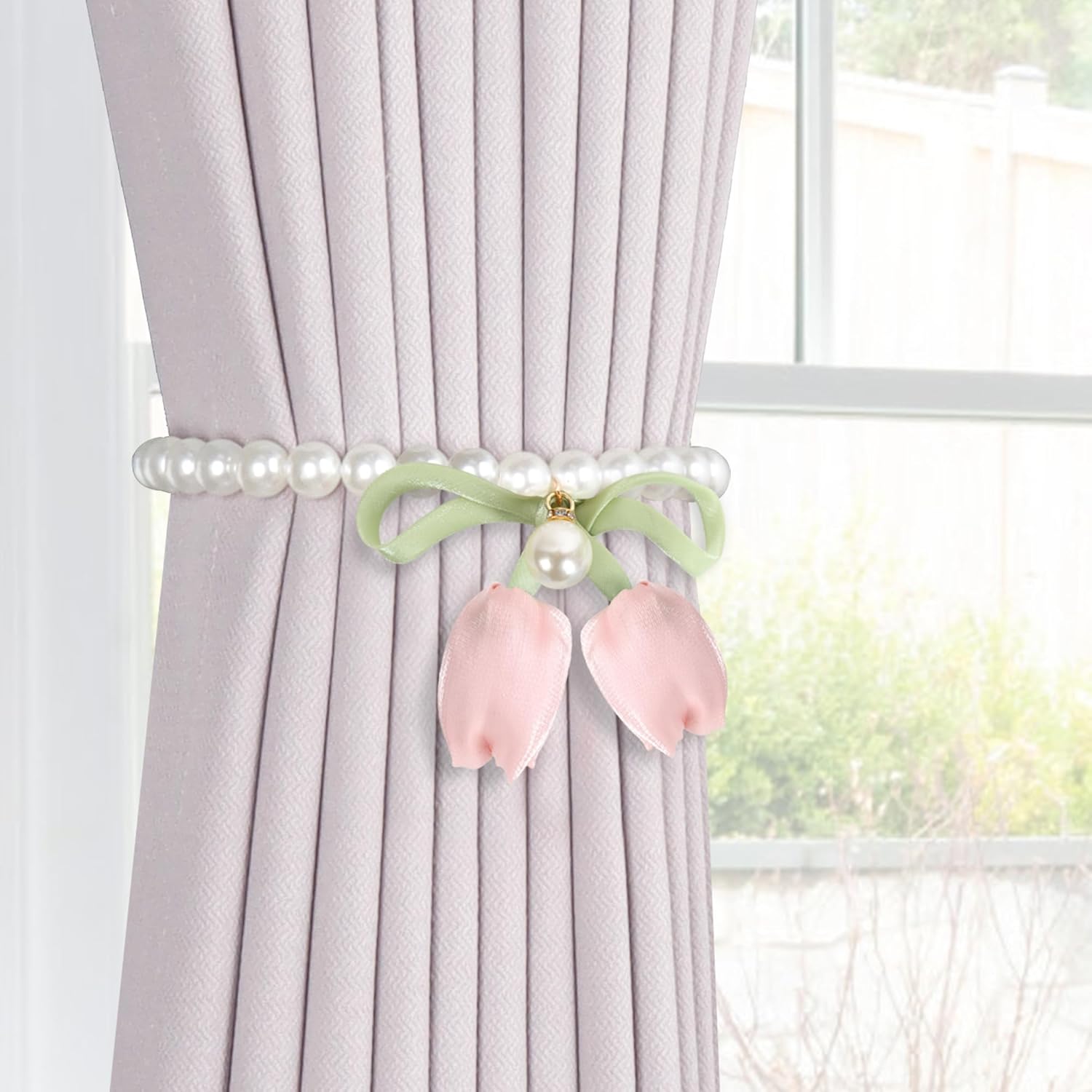 Meplait 2 Pack Magnetic Curtain Tiebacks, Curtain Holdbacks with Tulip Flower & Pearl Adjustable No Drill Curtain Tie Backs for Living Room Bedroom Baby Nursery Home Decor (Pink)