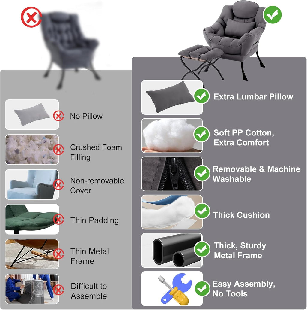 Lazy Chair with Ottoman, Reading Chair with Pillow，Dark Grey | Comfy Accent Lounge Chair with Pillow & folding Foot Stool, sturdy metal frame for bedroom, dorm or apartment, Living Room