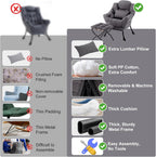 Lazy Chair with Ottoman, Reading Chair with Pillow，Dark Grey | Comfy Accent Lounge Chair with Pillow & folding Foot Stool, sturdy metal frame for bedroom, dorm or apartment, Living Room