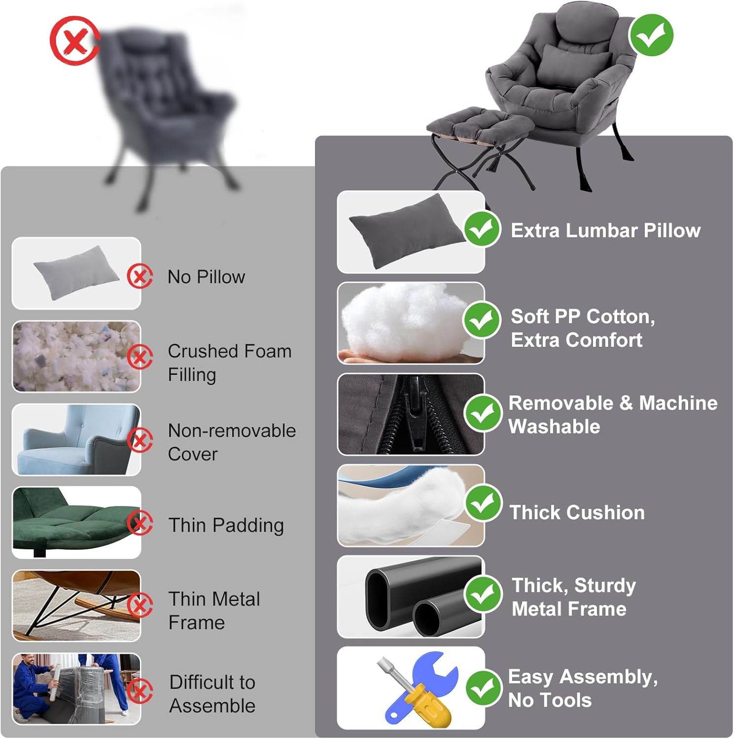 Lazy Chair with Ottoman, Reading Chair with Pillow，Dark Grey | Comfy Accent Lounge Chair with Pillow & folding Foot Stool, sturdy metal frame for bedroom, dorm or apartment, Living Room