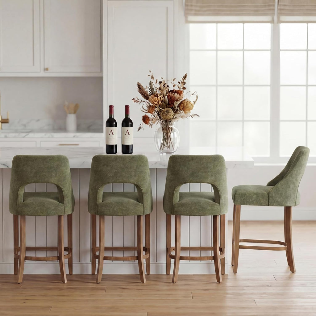 UVV Bar Stools Set of 4, Upholstered Counter Height Bar Stools, Modern Counter Stools with Wood Legs for Kitchen Island Dining Room Bar, Green