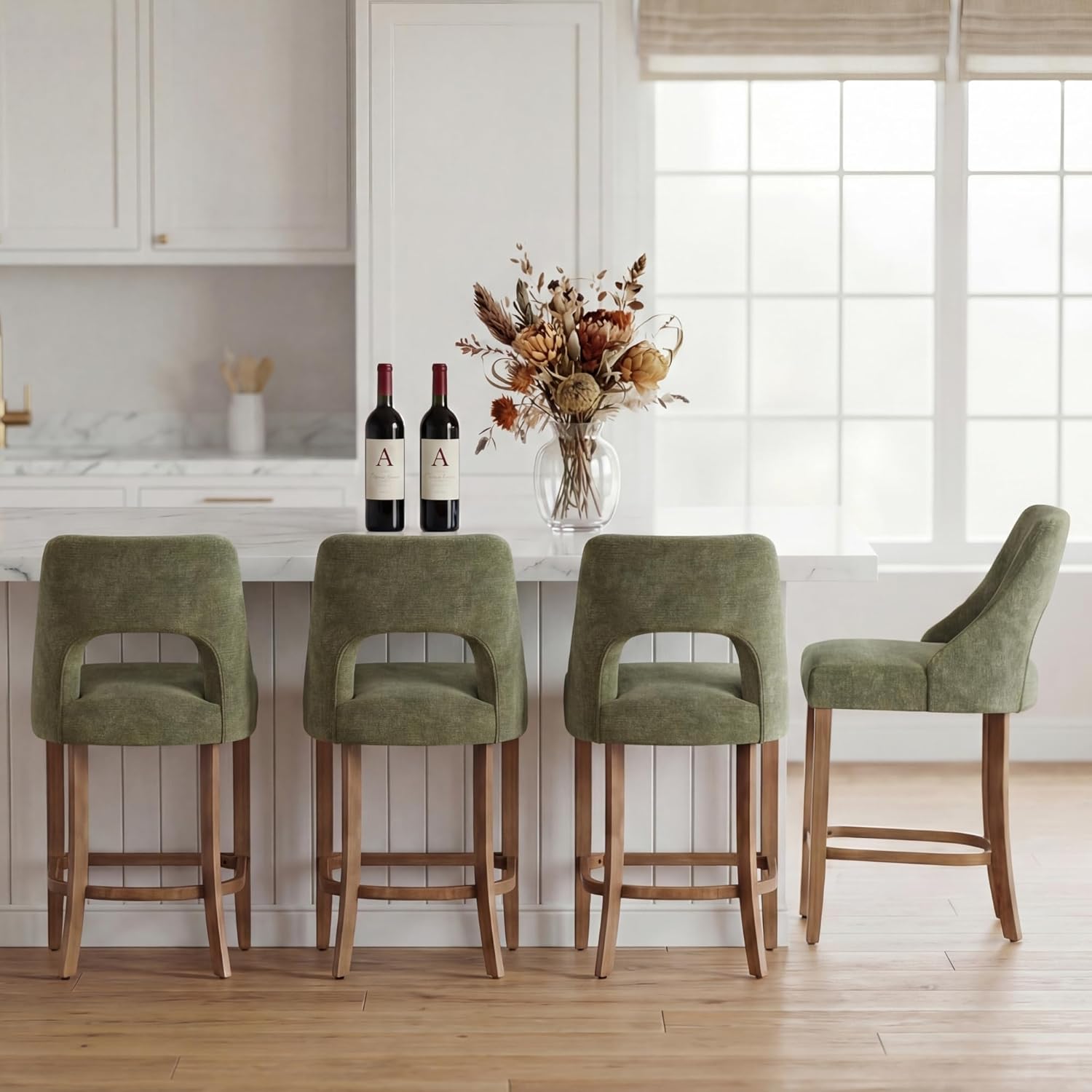 UVV Bar Stools Set of 4, Upholstered Counter Height Bar Stools, Modern Counter Stools with Wood Legs for Kitchen Island Dining Room Bar, Green