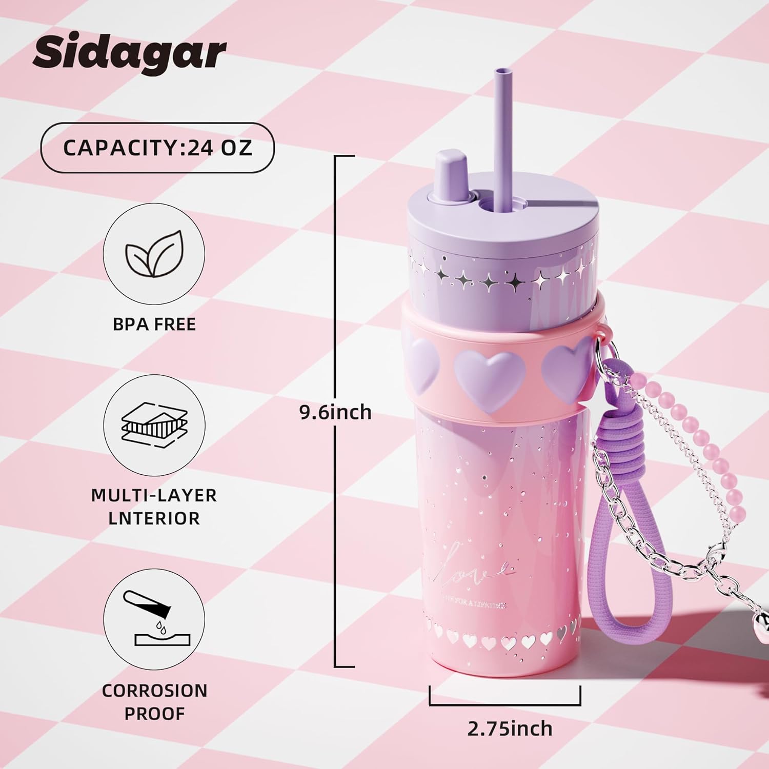 24 oz Stainless Steel Tumbler with Lid and Straw, Insulated Coffee Mug, Leak Proof, Portable Iced Travel Water Bottle, Reusable Thermal Coffee Cup Gift for Women, Purple