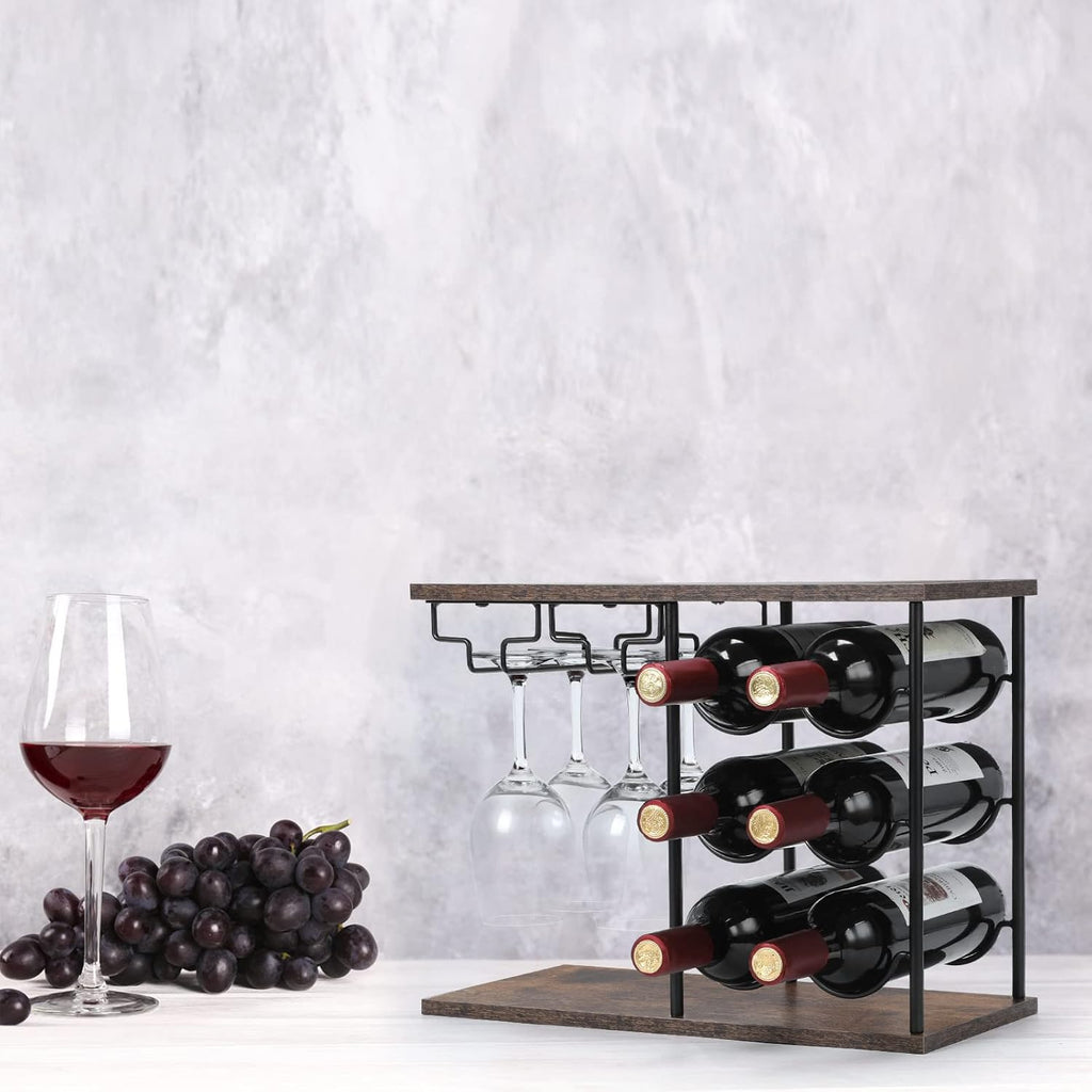 MOOACE Countertop Wine Rack, Wine Bottle Rack with Glass Holder | Freestanding, Holds 6 Bottles and 4 Glasses, For Home Bar Tabletop Kitchen Cabinet, Wood & Metal