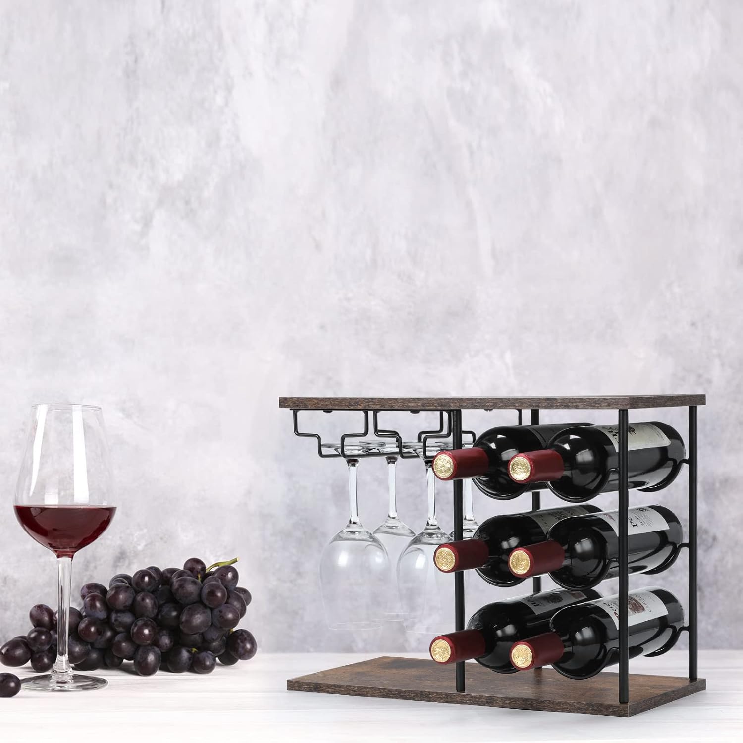 MOOACE Countertop Wine Rack, Wine Bottle Rack with Glass Holder | Freestanding, Holds 6 Bottles and 4 Glasses, For Home Bar Tabletop Kitchen Cabinet, Wood & Metal