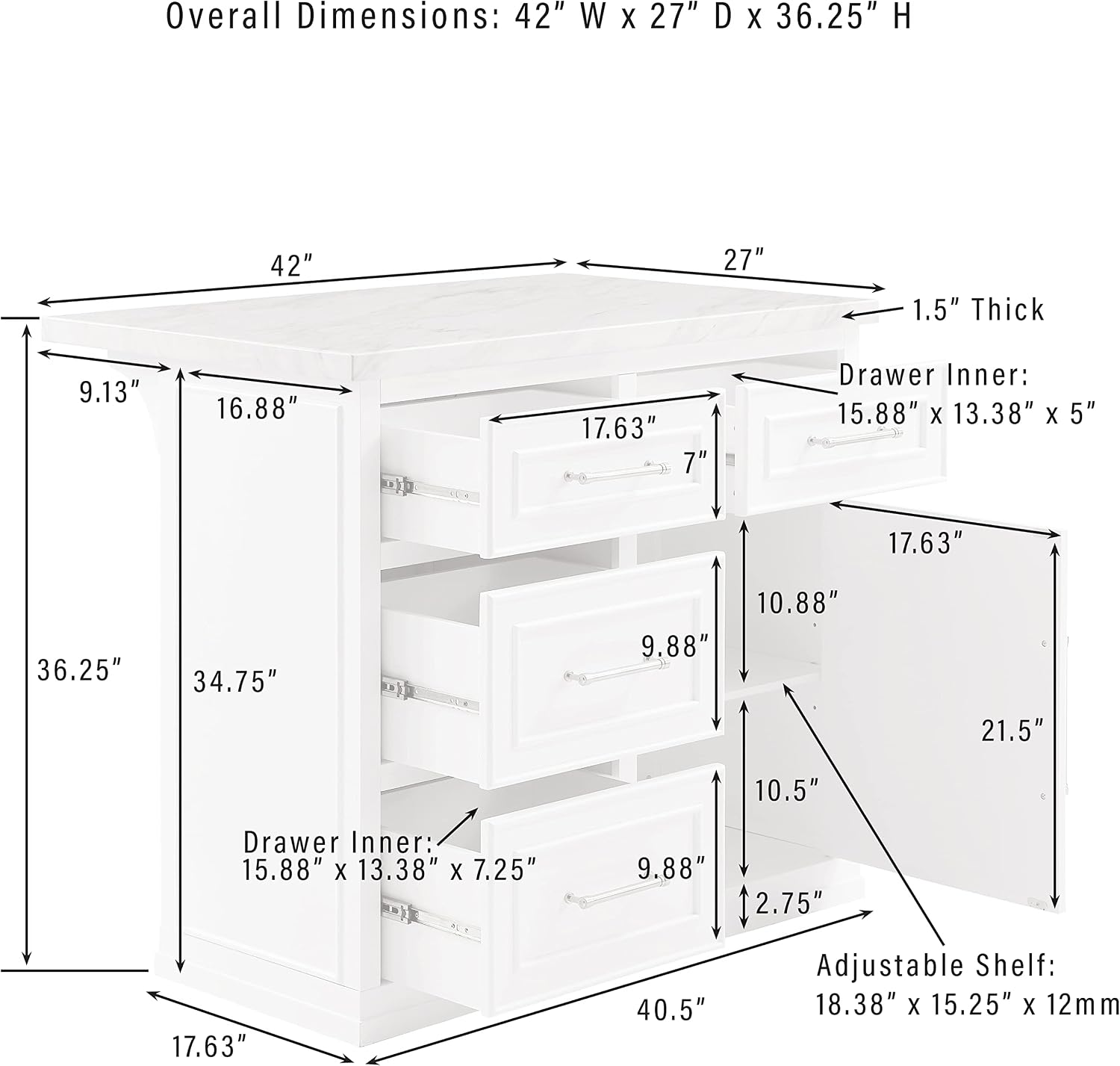 Crosley Furniture Cutler Faux Marble Top Kitchen Island with Storage, Breakfast Bar, Microwave Stand, White