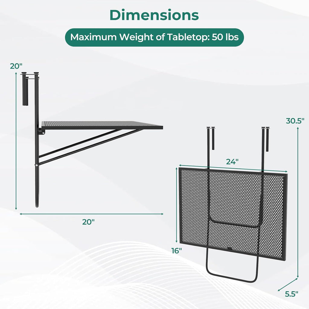 Tangkula Balcony Railing Table, Outdoor Folding Hanging Table with Metal Frame, Space-Saving Bar Serving Table Fits Railings Up to 2.4” Thick for Patio, Porch, Deck