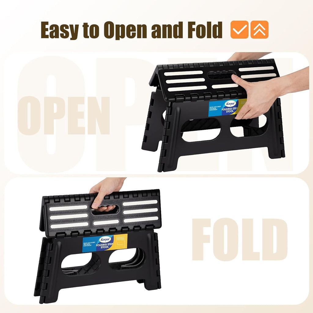Korpai 9" Folding Step Stool for Adults and Kids 15-Inch Extra Wide Stool Holds Up to 300 lbs,Non-Slip Folding Stools with Handle,Compact Plastic Foldable Step Stool for Bathroom,Kitchen,ect, Black