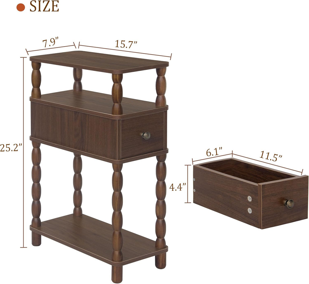 MaxSmeo Narrow Side Table, Small Nightstand with Drawer, Skinny End Table with Storage for Small Spaces, Bedroom, Living Room (Walnut Brown)