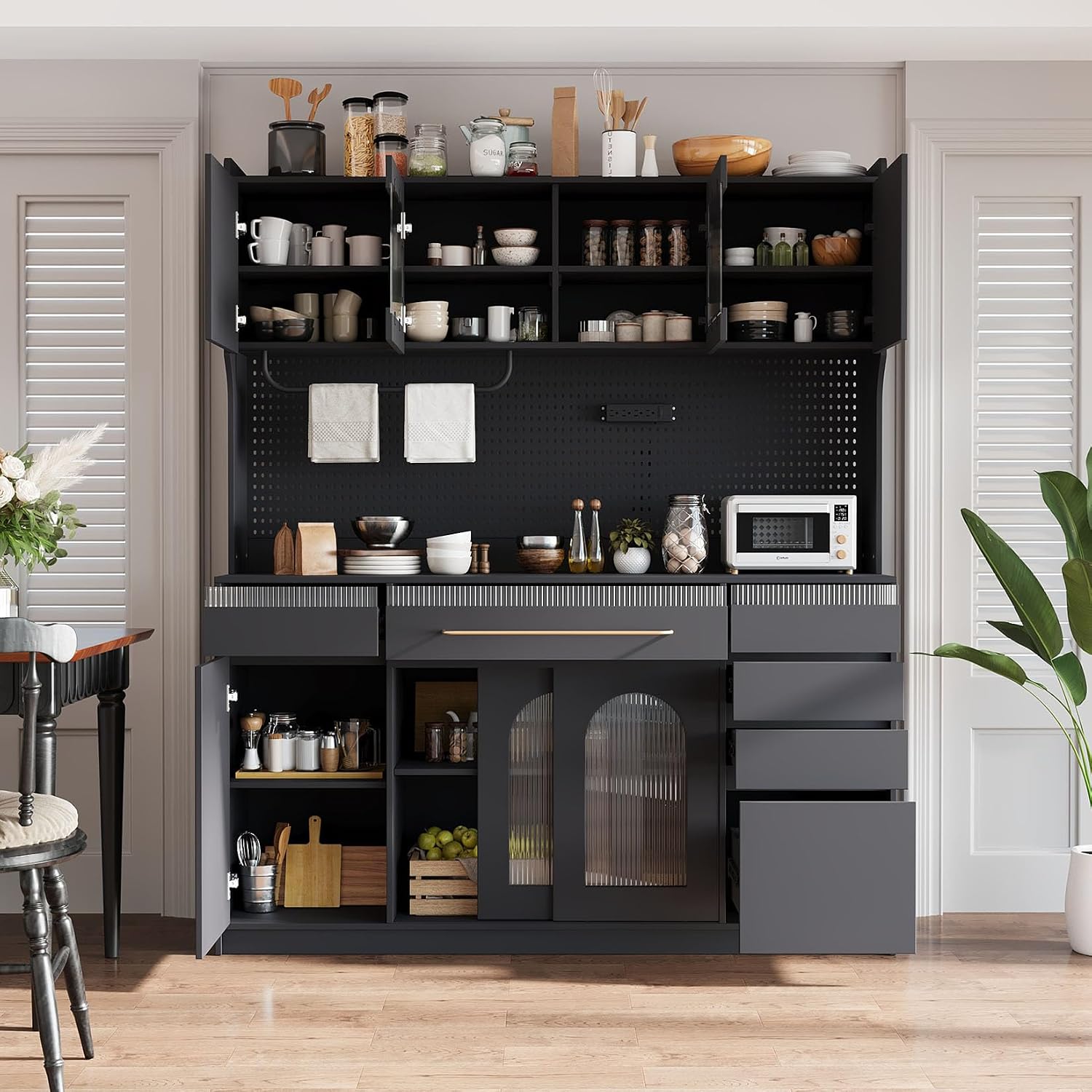63'' W Freestanding Buffet Kitchen Pantry Cupboard with Hutch, Large Coffee Bar Storage Cabinet with 6 Drawers, 5 Cabinets with Adjustable Shelves,Pegboard,Towel Rack, Power Outlet