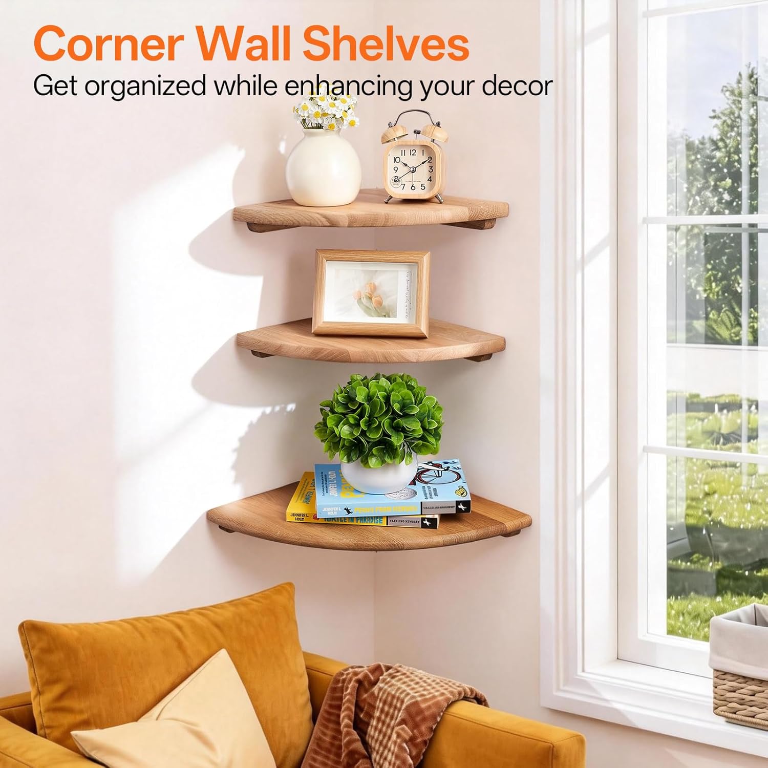 Gieanoo Floating Corner Shelves for Wall Set 2 7inch Solid Oak Rounded Corner Shelves Wall Mounted with Cable Hole Wood Corner Hanging Shelves for Living Room Bedroom Bathroom Kitchen