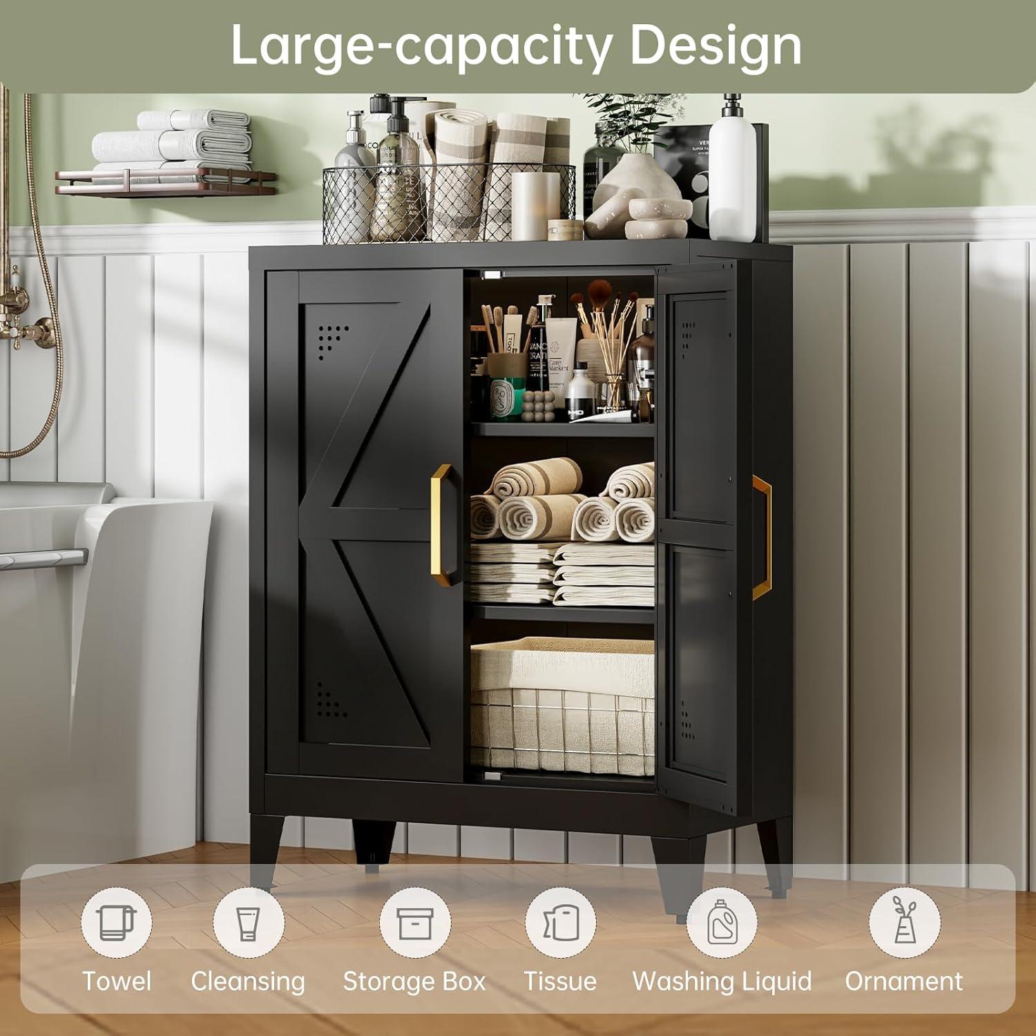 32" Metal Kitchen Pantry Cabinet,Floor Bathroom Storage Cabinet with 2 Adjustable Shelves,Freestanding Sideboard for Small Spaces, Living Room, Hallway, Dining Room,Black