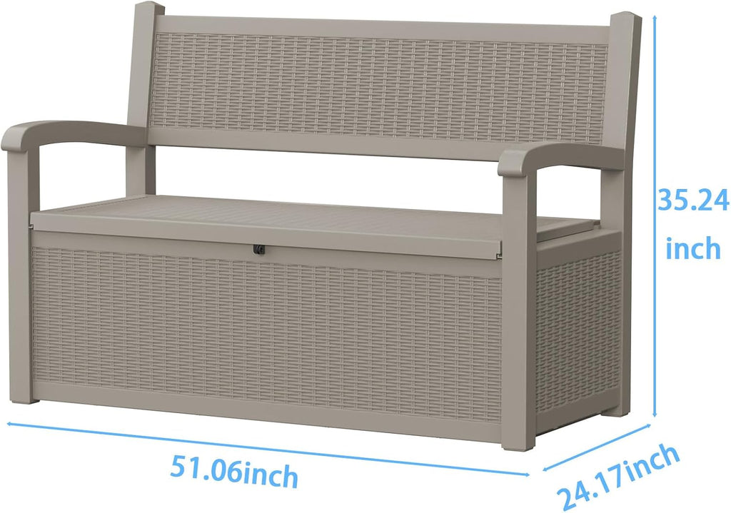 80 Gallon Resin Outdoor Storage Bench, Weatherproof Deck Box with Rattan Texture, 2-3 Person Garden Bench Seating for Patio Furniture, Pool Toys, Cushions, Lockable & 500lbs Capacity, Gray