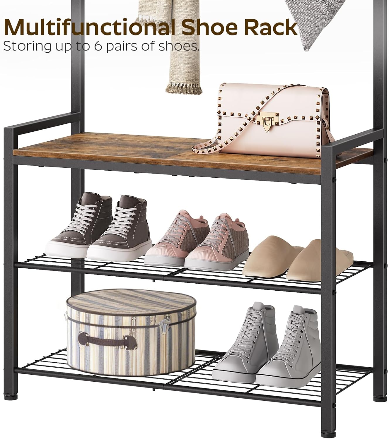 YATINEY Hall Tree, Coat Rack with Shoe Bench, Entryway Bench with Shoe Storage, Multifunctional Entryway Storage Organizer, Metal Frame and 8 Movable Hooks, for Hallway, Rustic Brown MT01BR