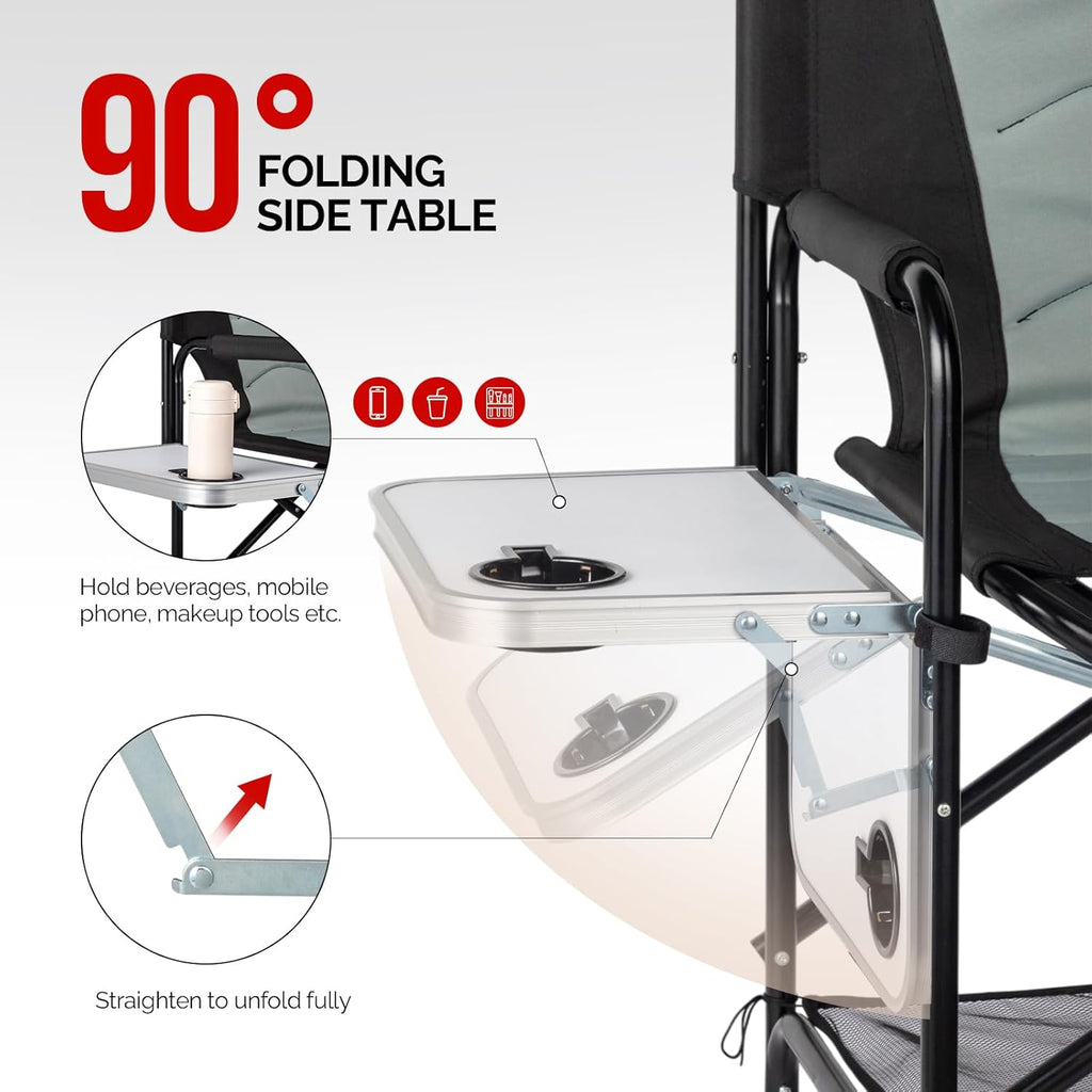 OmySalon Extra Tall 30'' Bar Height Directors Chair, Professional Portable Makeup Artist Folding Chair w/Side Table, Cup Holder, Side Storage Bag, Heavy Duty Iron Frame 300 lbs Capacity