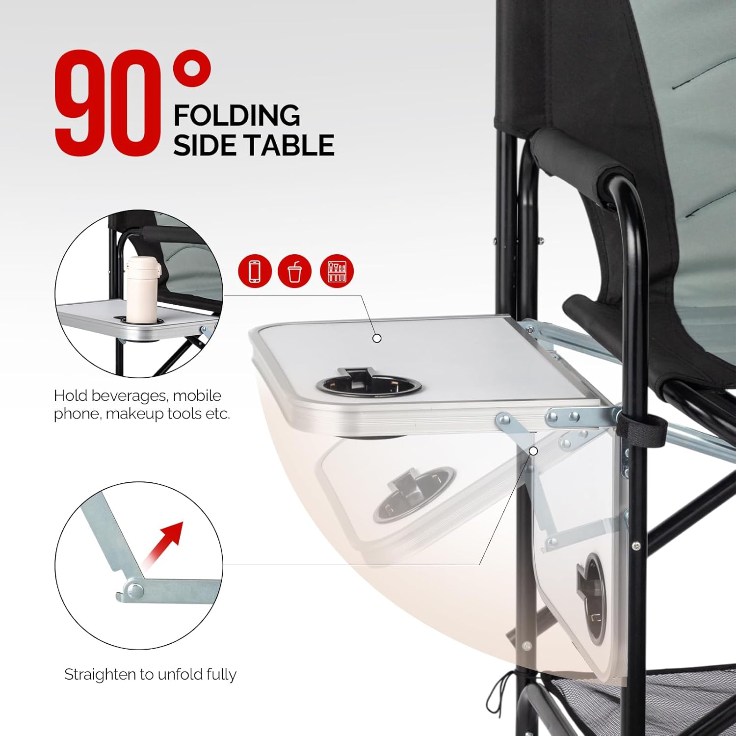 OmySalon Extra Tall 30'' Bar Height Directors Chair, Professional Portable Makeup Artist Folding Chair w/Side Table, Cup Holder, Side Storage Bag, Heavy Duty Iron Frame 300 lbs Capacity