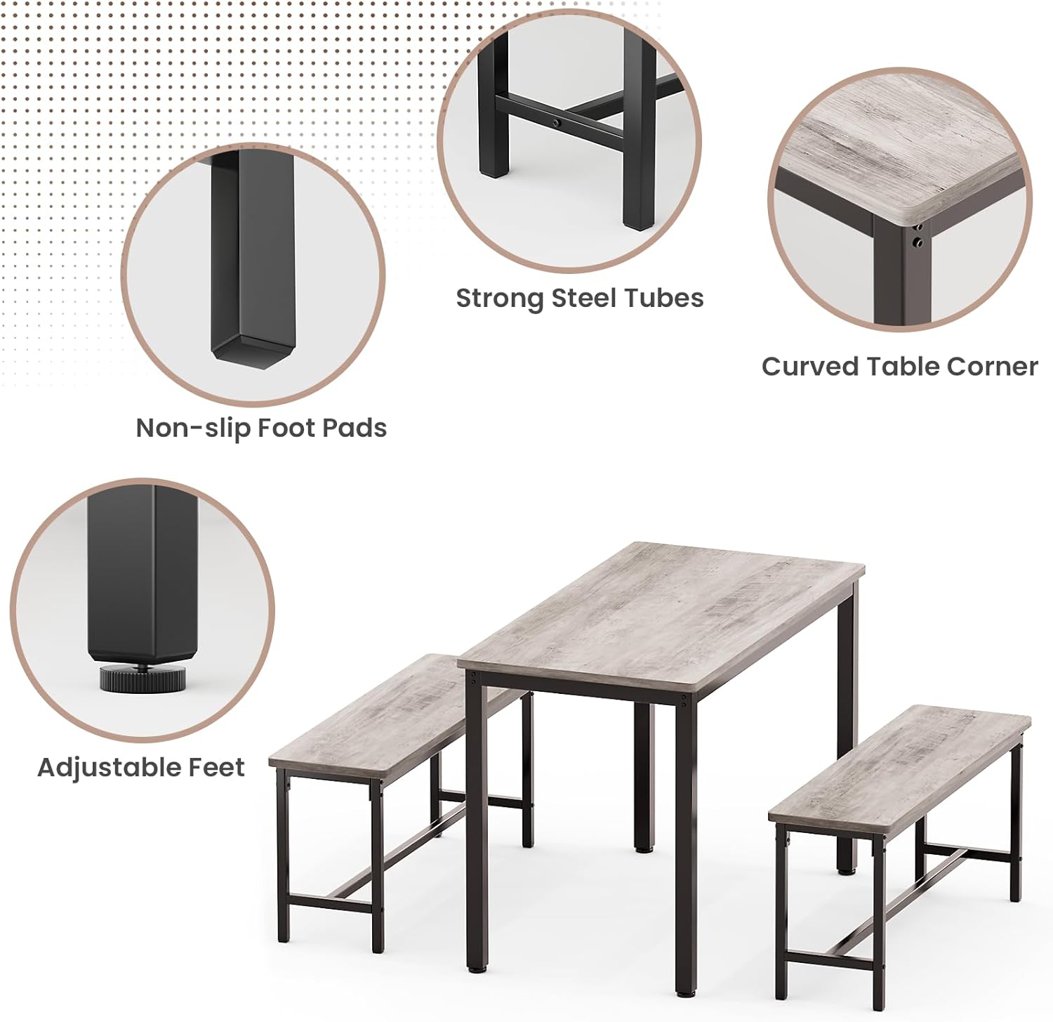 Dining Table Set for 4, Kitchen Table with 2 Benchs, Modern Functional 3-Piece Dining Room Table for Apartment Breakfast Nook and Samll Space, Grey