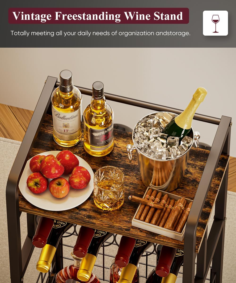 3-Tier Wine Rack Freestanding Floor with Wood Top, Liquor Stand with Wine Bottle Holder, Corner Wine Bar Table for Small Space, Metal Whiskey Shlef for Kitchen, Cellar, Living Room, Black