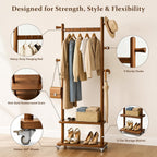 Taitiy Coat Rack Freestanding Solid Wood with Wheels 2 Shelves 5 Hooks | 100% solid rubberwood,hidden 360° silent wheels,2 tier shelves,5 hooks,small clothing rack,entryway bedroom living room