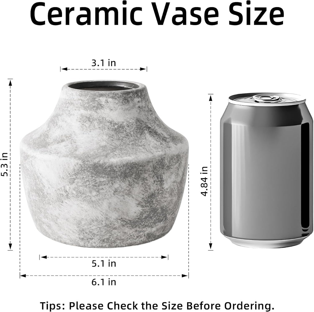 Grey Ceramic Flower Vase, 5.3 in Rustic Farmhouse Vase, Small Handcrafted Weathered Pottery Vases, Decorative Terracotta Vases for Flower, Living Room, Centerpieces, Table, Home Decor